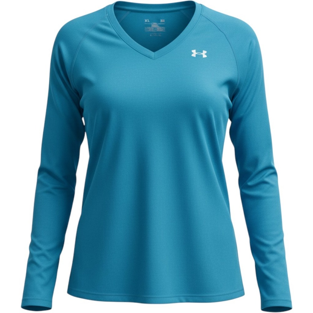 Under Armour HeatGear Womens V-Neck Long Sleeve Shirt Teal Blue Medium Fitted